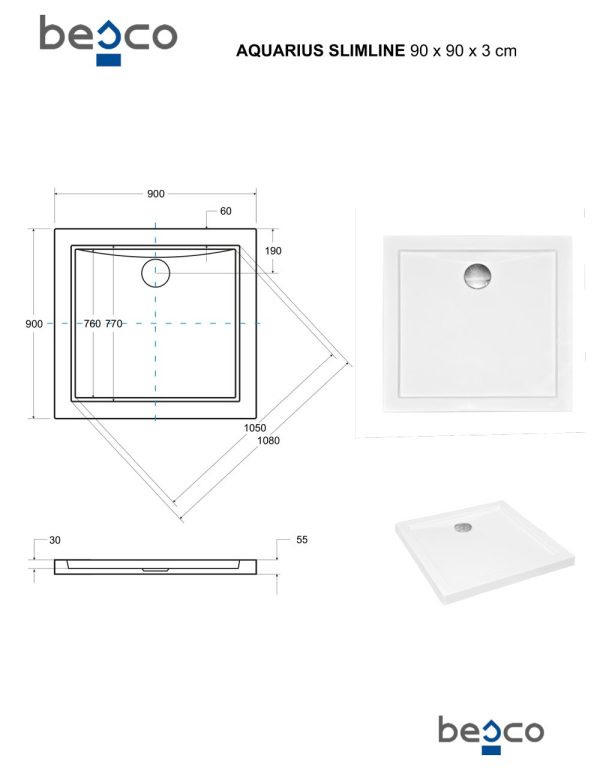 Besco Aquarius szögletes zuhanytálca 90 × 90 × 5,5 cm - BAA-90-K - Image 6