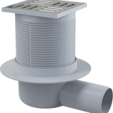Alcaplast APV31 Padlóösszefolyó 105×105/50 mm vízszintes, rozsdamentes rács, kombinált SMART bűzzár