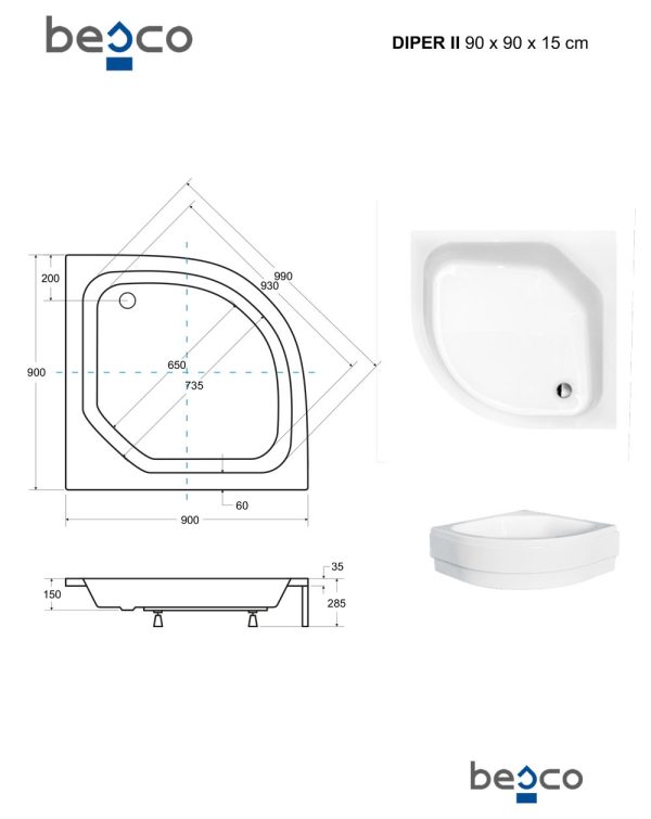 Besco Diper II íves mély zuhanytálca 90 × 90 × 28,5 cm - BAD-90-II - Image 4