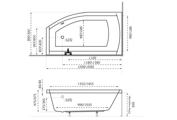 M-acryl Minima akril aszimmetrikus fürdőkád tartóláb szettel - Image 4