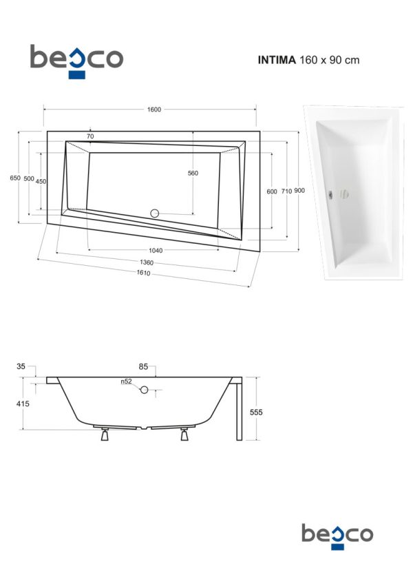 Besco Intima aszimmetrikus akril fürdőkád 150x85 - balos - WAIT-150-NL - Image 3