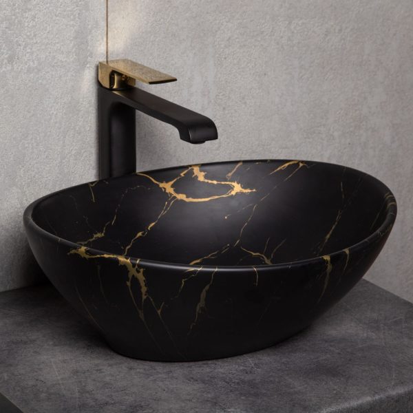 KR-707 fekete-arany kerámia design mosdó márvány mintával - KR707-MARBLE-BL-G - Image 3
